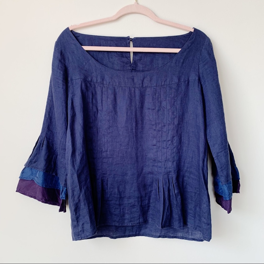 Max Mara Camicia Blouse Linen Silk Ruffle Sleeve Pleats Navy Purple Size 4